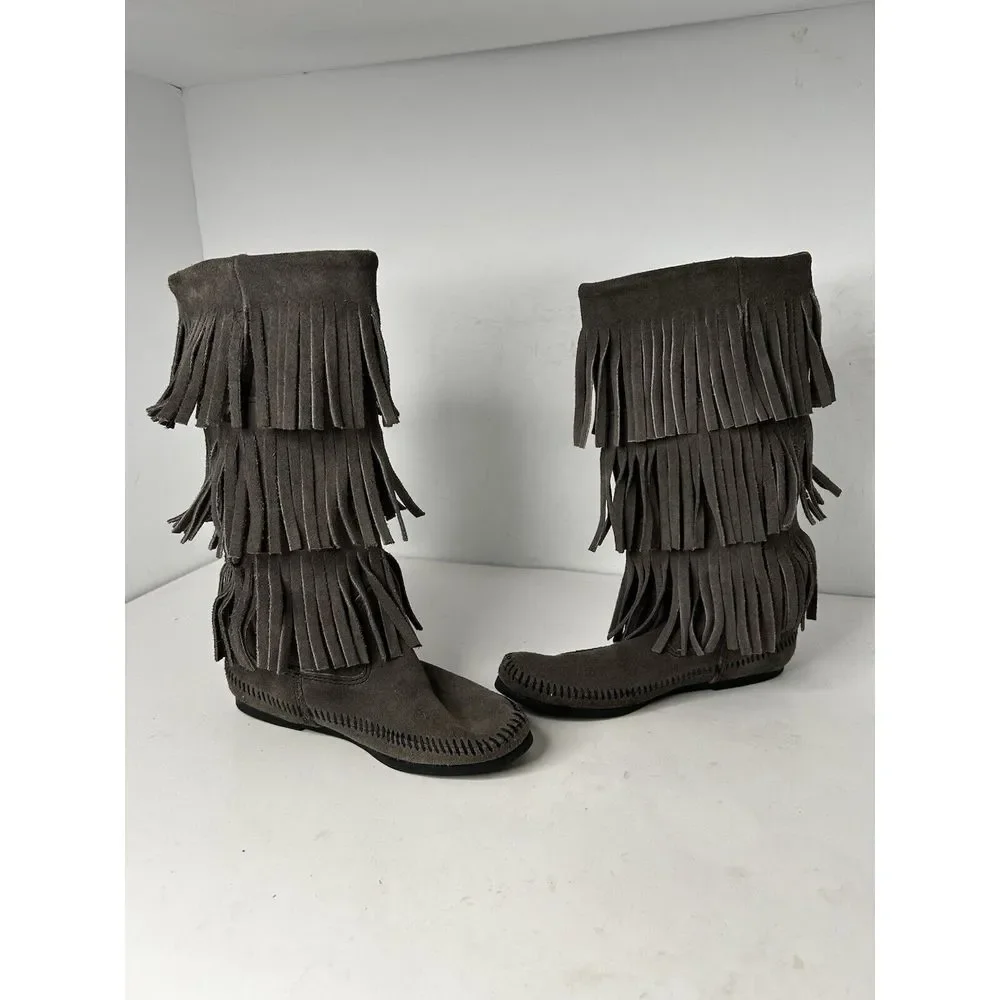 Minnetonka‎ Moccasins 1631T Sz 5 Womens 3 Layer Fringe Calf High Boot Grey Suede